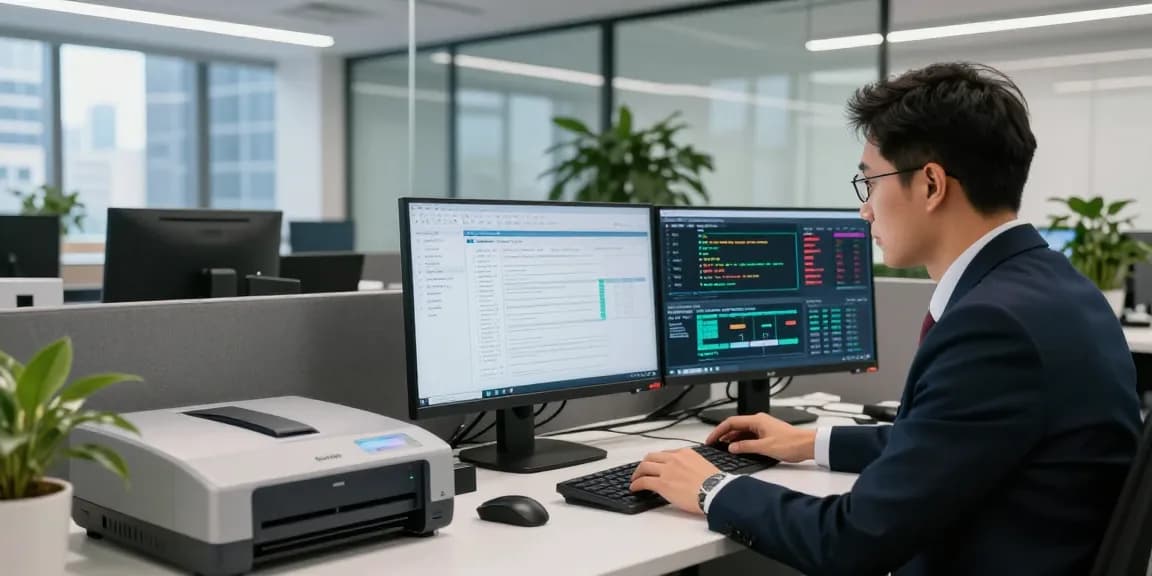 Advanced document fraud detection technology workspace with an analyst reviewing digital documents and data analytics.
