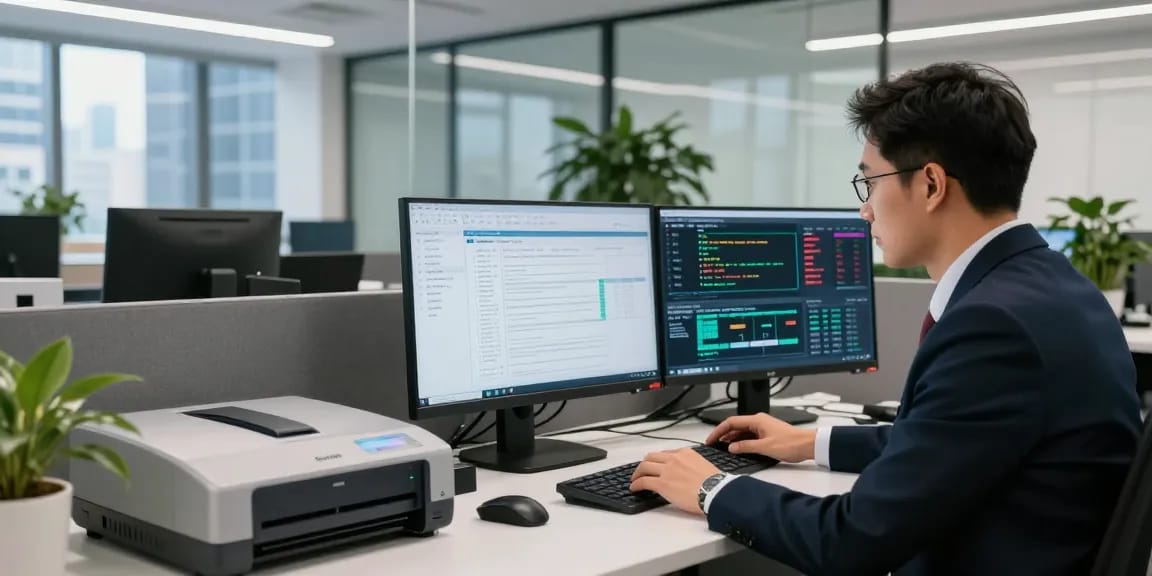 Advanced document fraud detection technology workspace with an analyst reviewing digital documents and data analytics.