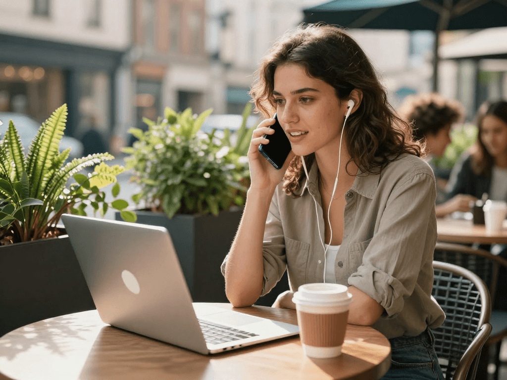 Engaging moment with dirty chat ai on a smartphone in an urban café.