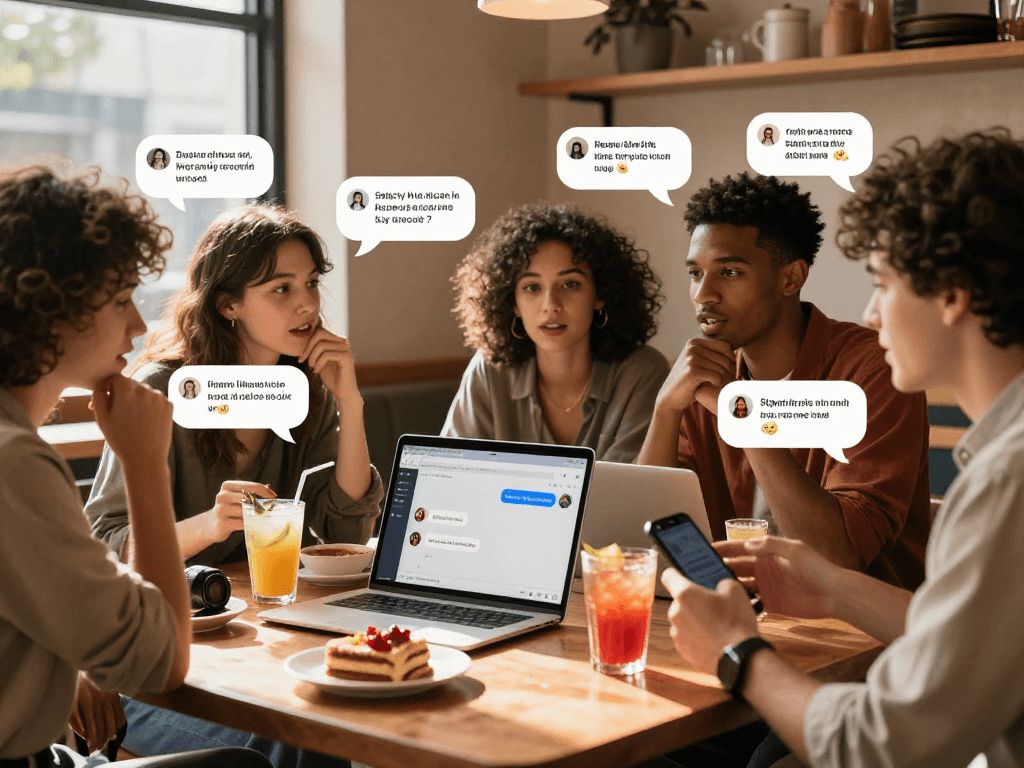 Group of friends engaging in a spicy chat AI discussion at a café, with laptops and smartphones highlighting lively interactions.