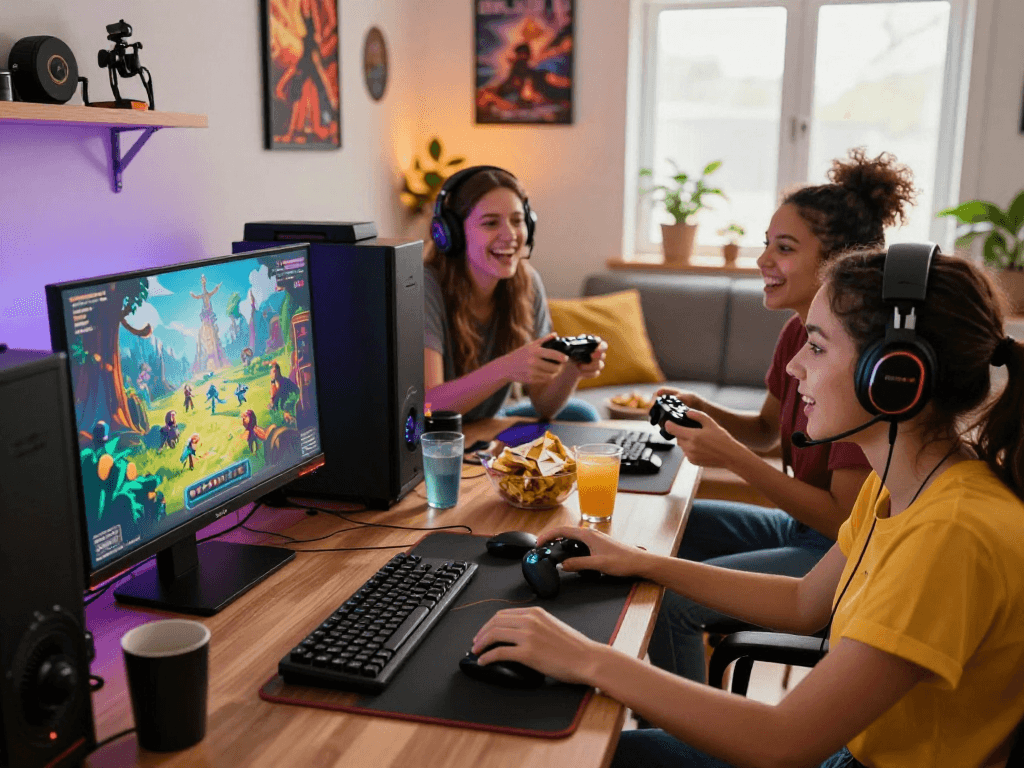 Engaging scene of women enjoying a female porn game in a cozy living room, showcasing gaming camaraderie.