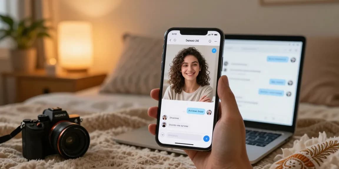 Engaging with sex ai on a smartphone in a cozy bedroom setting, showcasing interaction and technology.