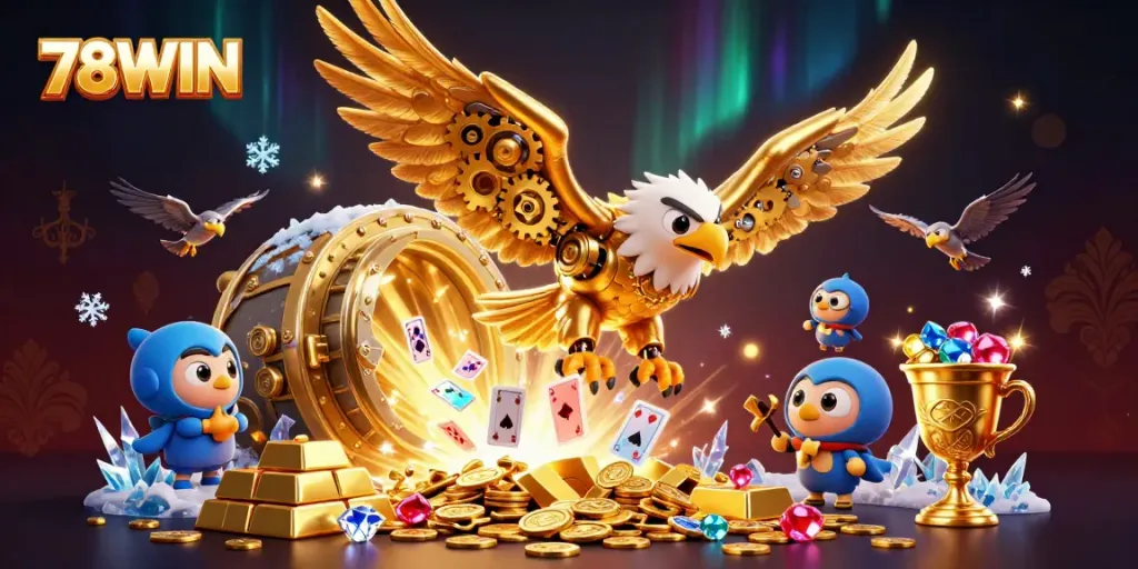 Experience the excitement of 78WIN with a dynamic casino-themed scene featuring a cybernetic eagle and treasures.