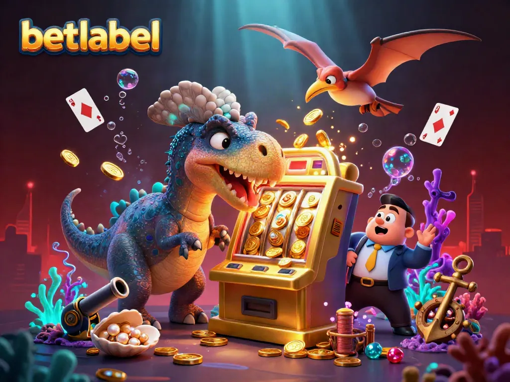 Experience the excitement of BetLabel as a dinosaur-themed slot machine erupts with coins in this vibrant casino scene.