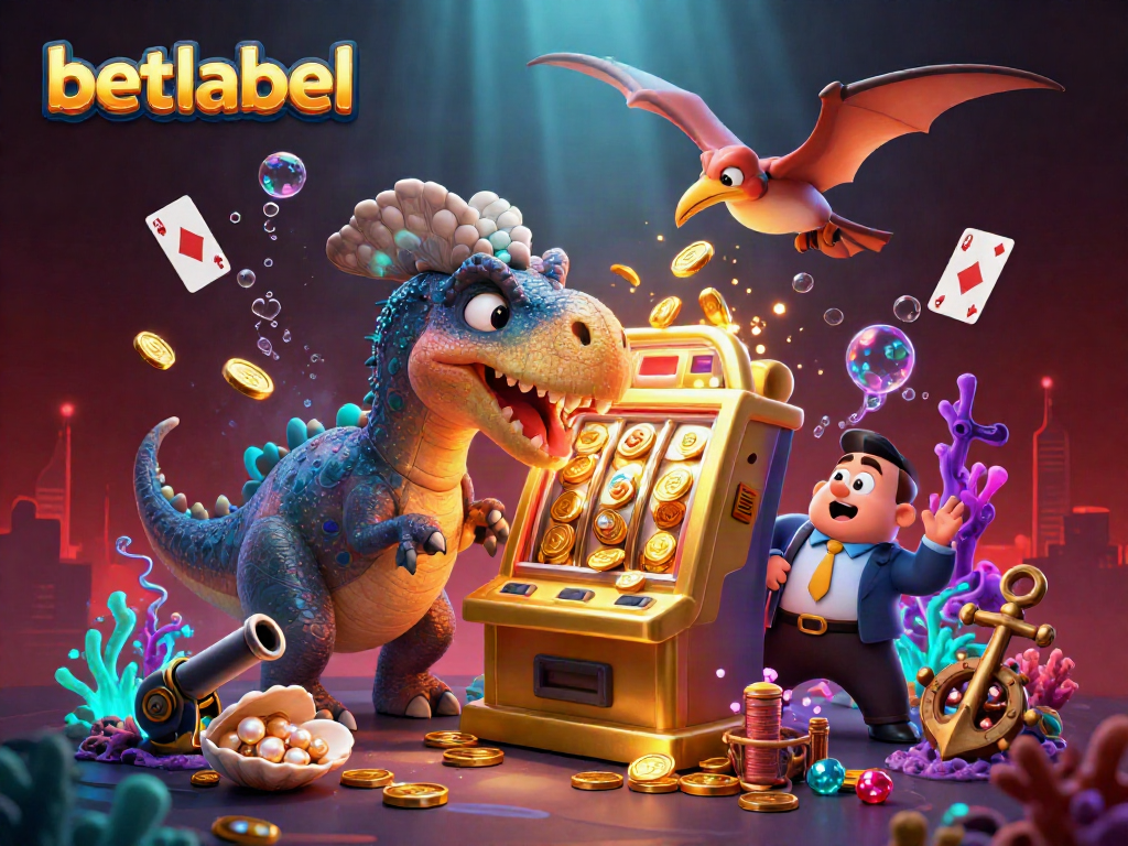 Experience the excitement of BetLabel as a dinosaur-themed slot machine erupts with coins in this vibrant casino scene.