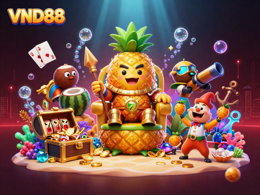 Engage with VND88's vibrant casino scene featuring a golden pineapple king and lively characters.