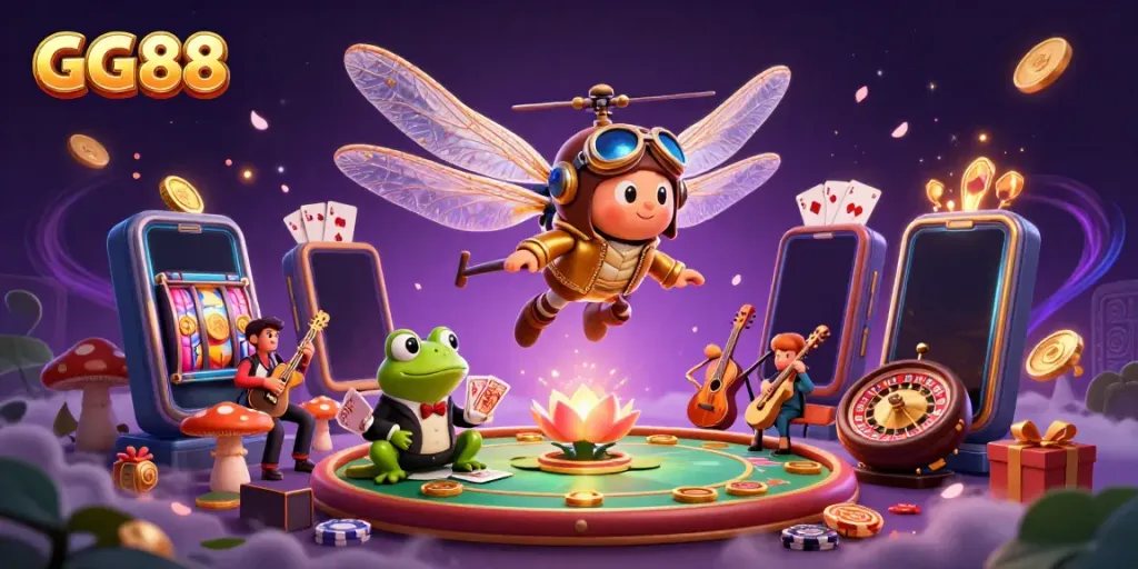 Experience the excitement of GG88 with a vibrant 3D illustration showcasing a casino scene filled with dynamic games and characters.