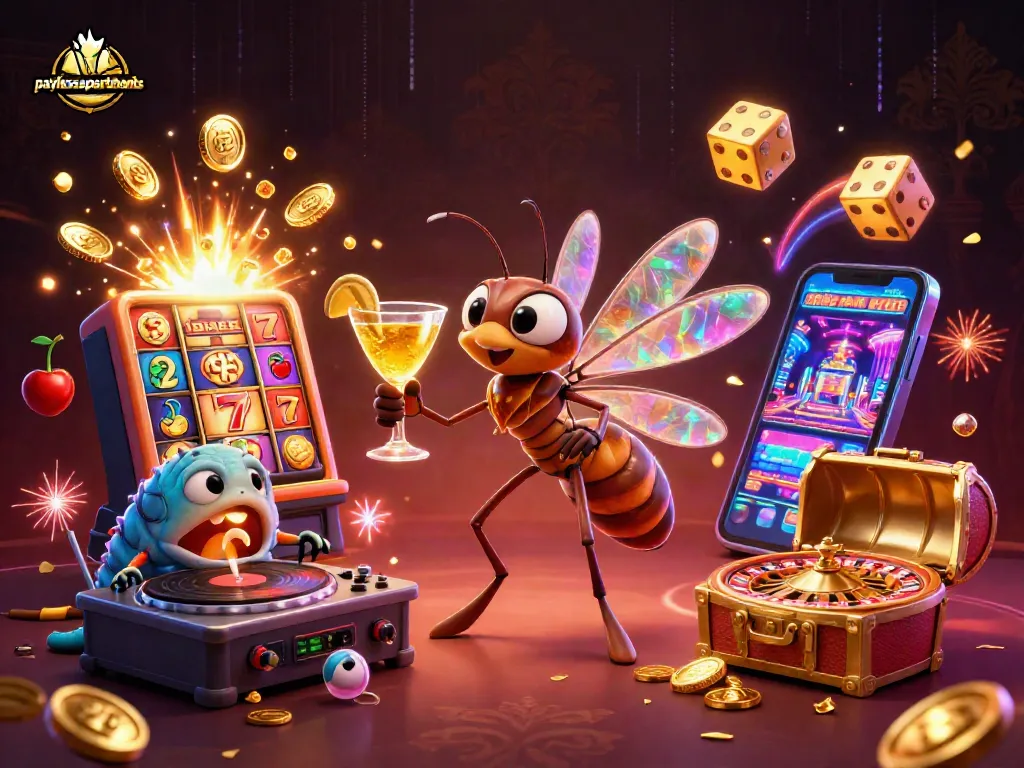 Playlessapartments spins vibrant casino excitement with a frozen mosquito mascot, roulette and slot elements.