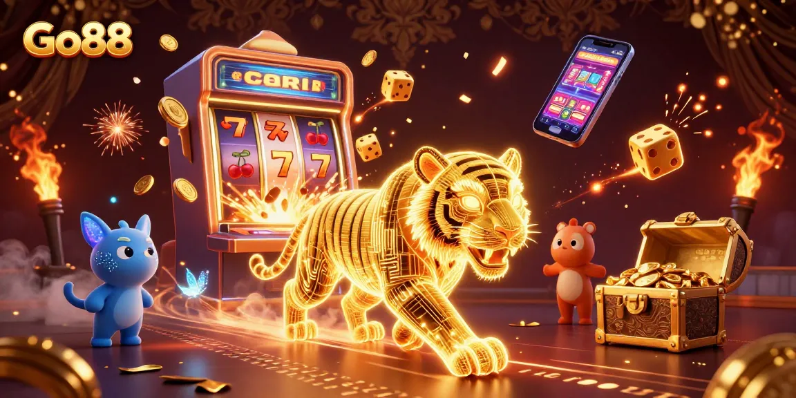 Experience thrilling gameplay at Go88 with a neon-lit jungle of slot machines and vibrant casino scenes.