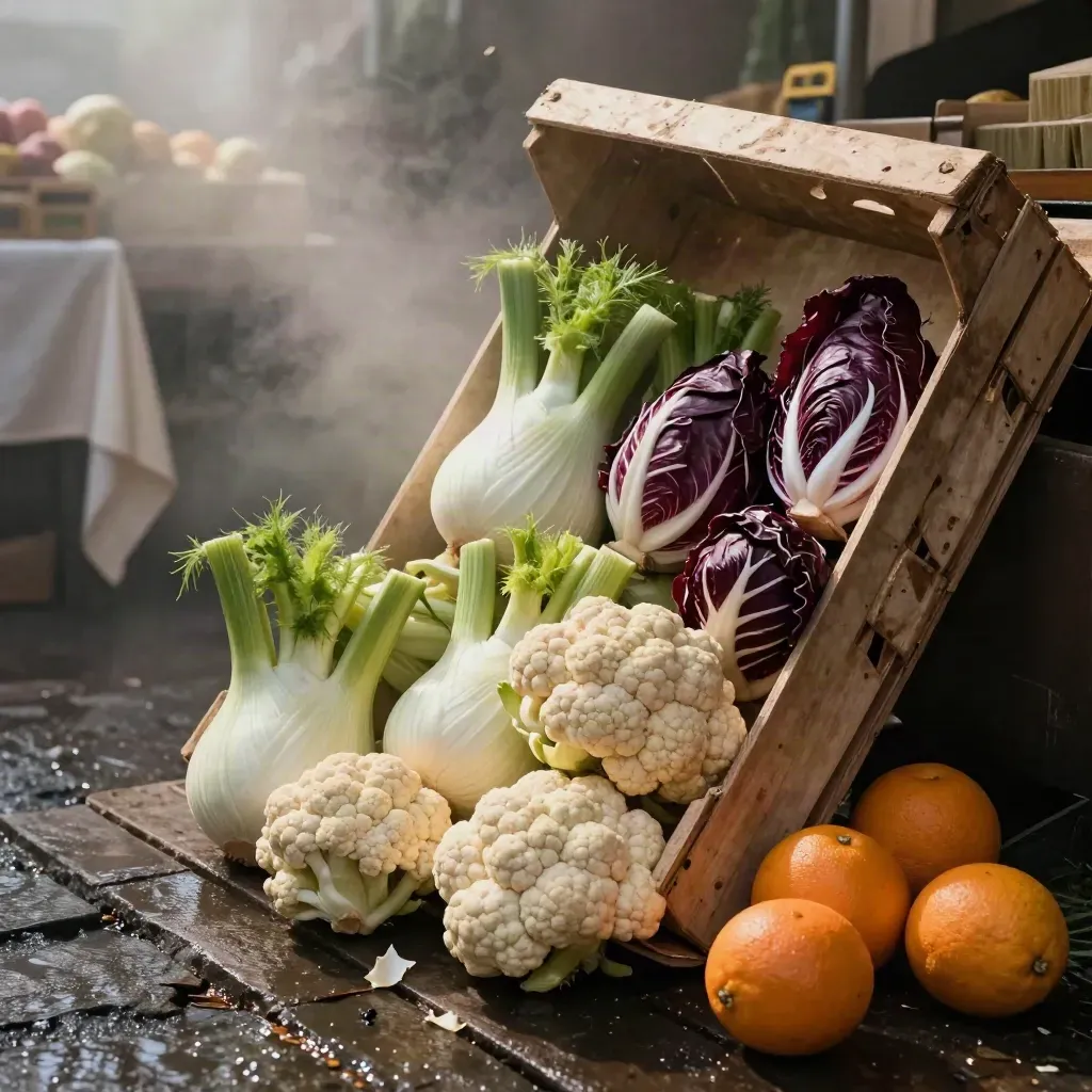 Cassetta inclinata con finocchi, radicchio, cavolfiore e arance al mercato del mattino.