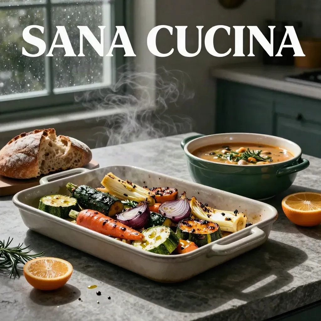 Verdure arrosto, zuppa di legumi e pane rustico su pietra, luce drammatica e pioggia fuori