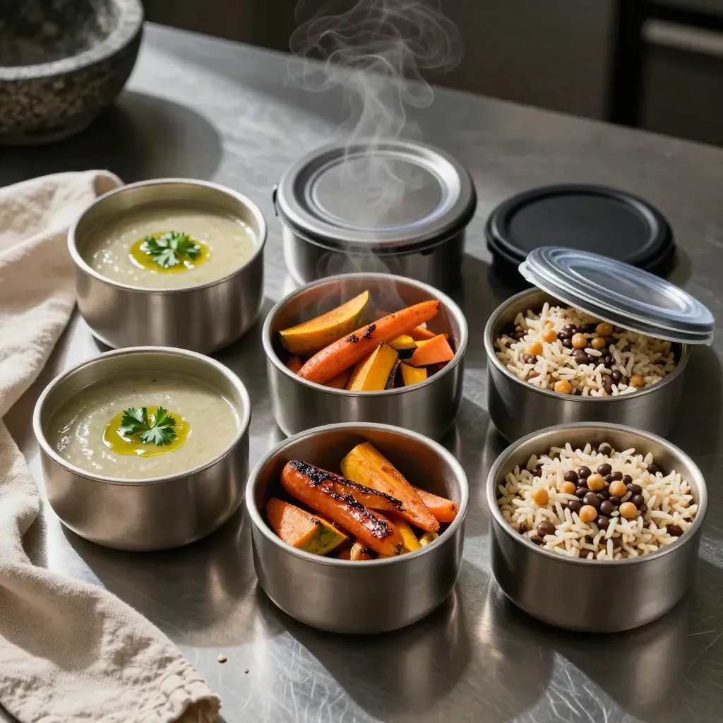 Sei contenitori meal-prep con zuppe, verdure e cereali su piano in acciaio, un coperchio aperto.