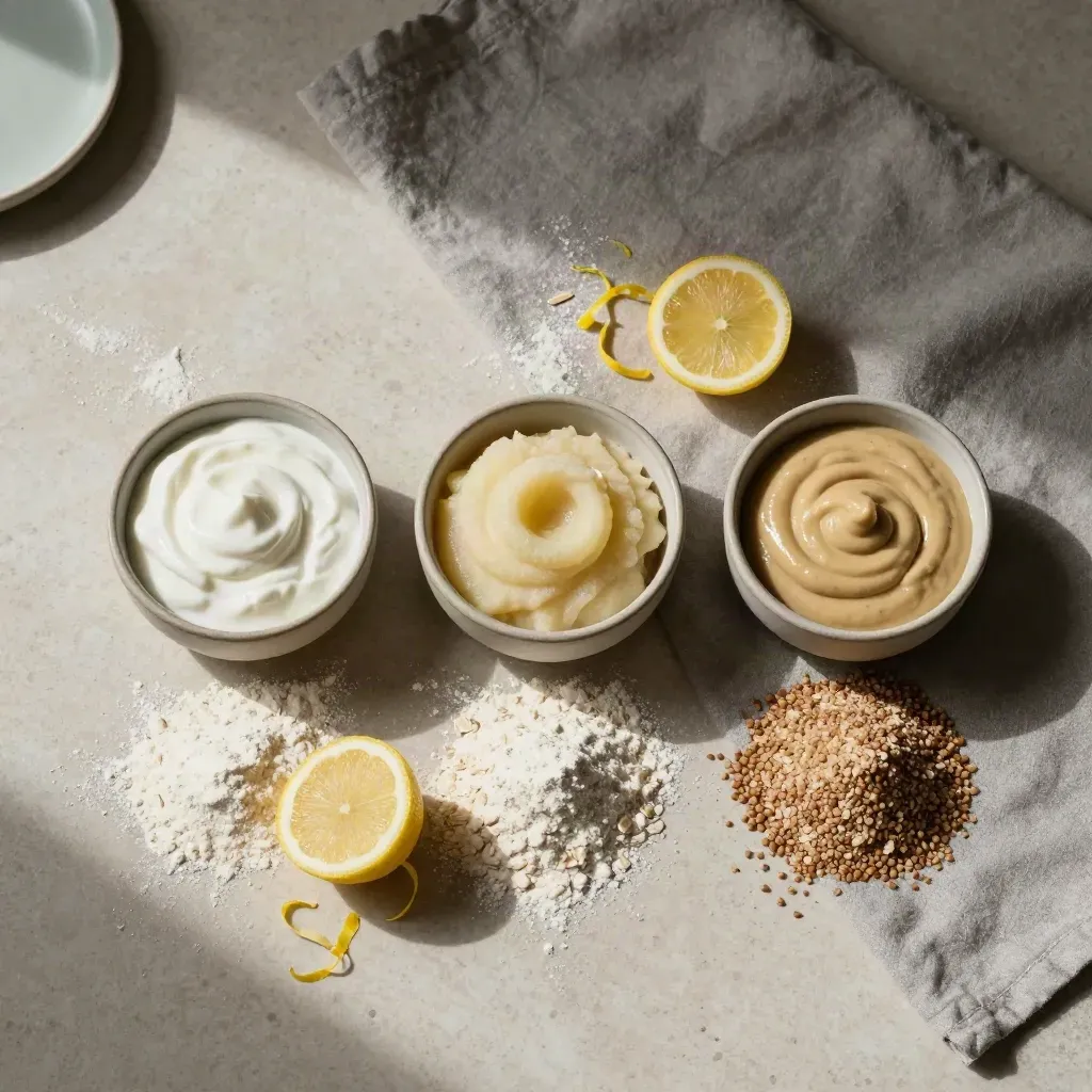 Tre ciotole con yogurt, purea di mela e tahina accanto a farine alternative e limone.