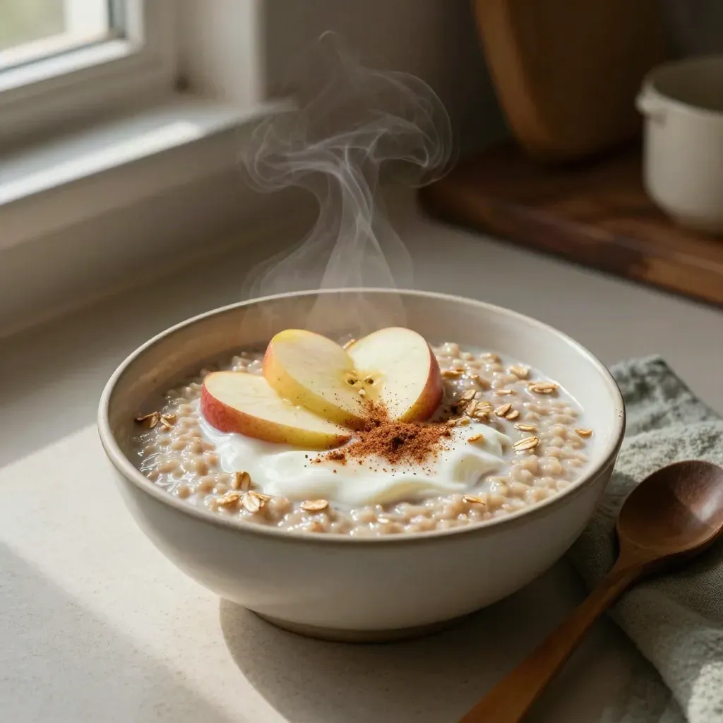 Ciotola di porridge con mele, yogurt, avena tostada e cannella su travertino.