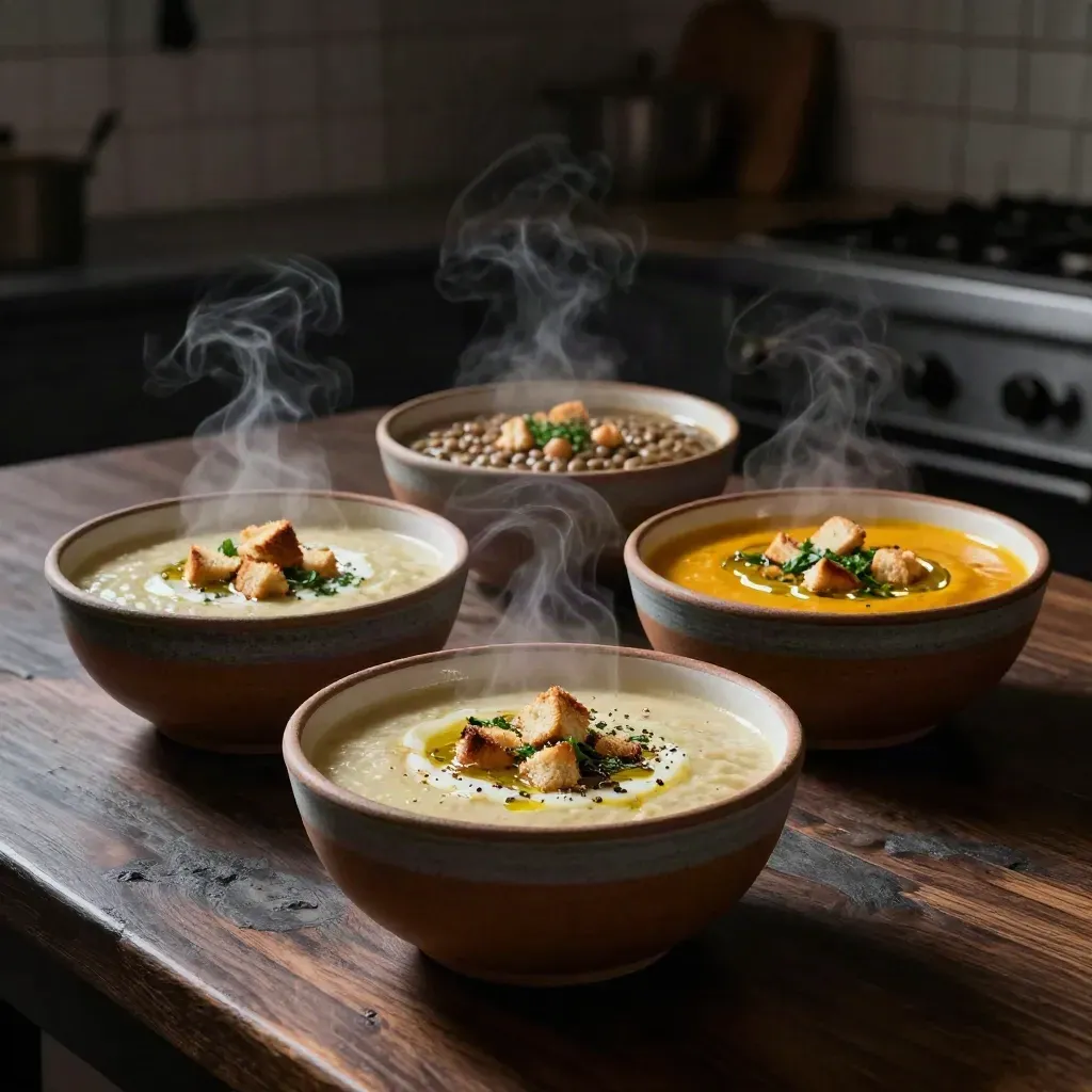 Tre ciotole di zuppe fumanti su piano scuro, in una cucina italiana drammatica.