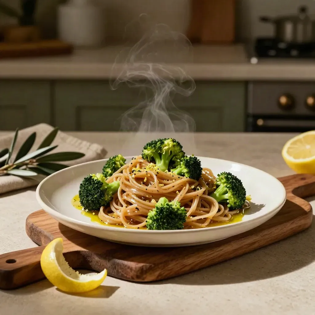 Piatto di pasta integrale con broccoli, limone e olio su pietra chiara, con vapore e scorza.