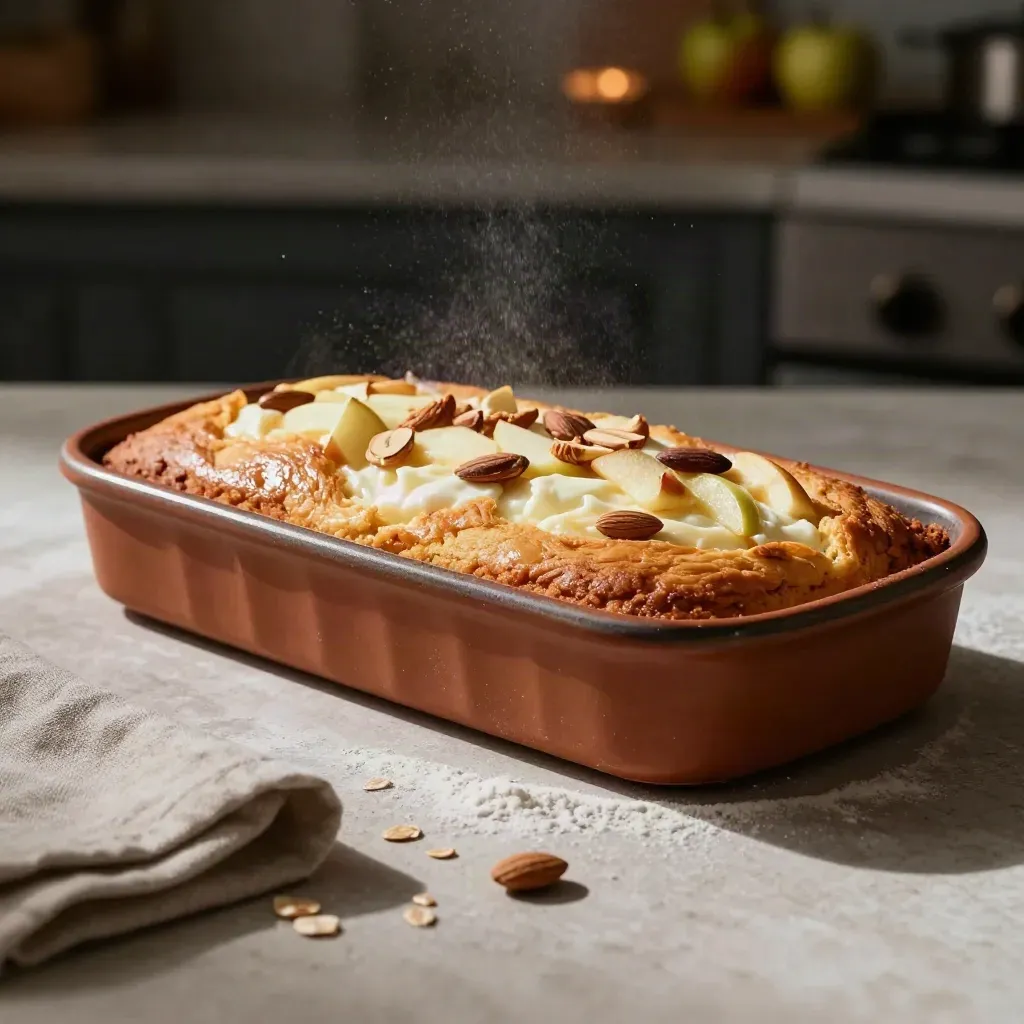 Torta allo yogurt con mele e mandorle appena sformata, con polvere di farina nell’aria.