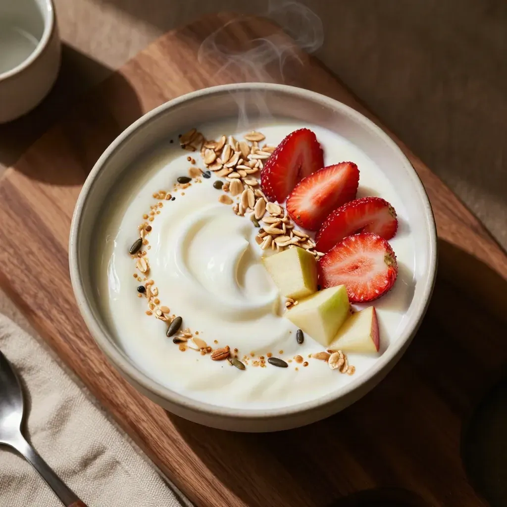 Ciotola di yogurt, avena, fragole, mela e semi su tavolo di legno, vista dall’alto.