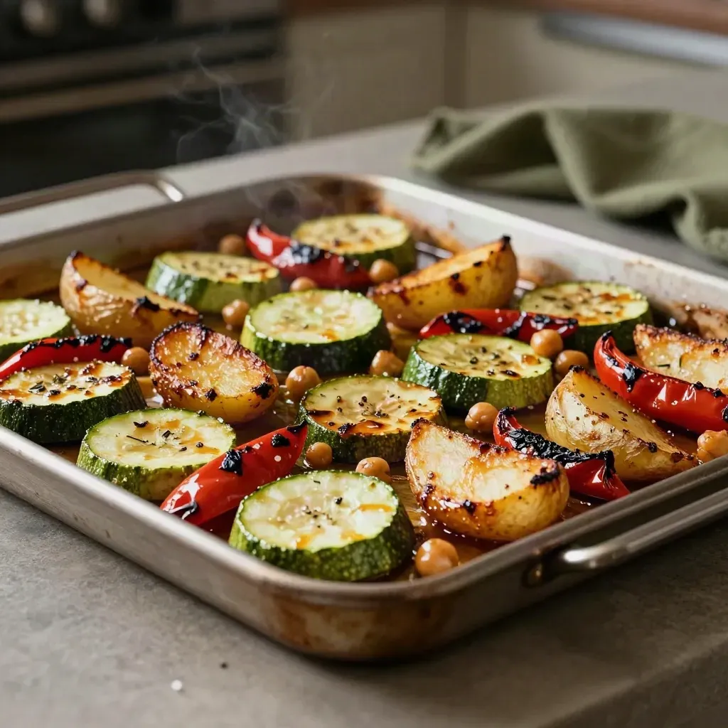 Teglia da forno con zucchine, peperoni, patate e ceci, appena sfornata e croccante.