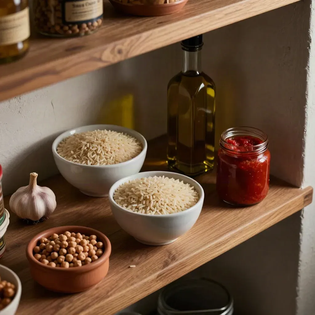 Dispensa italiana con riso, ceci, passata, olio e aglio su mensole in luce radente.