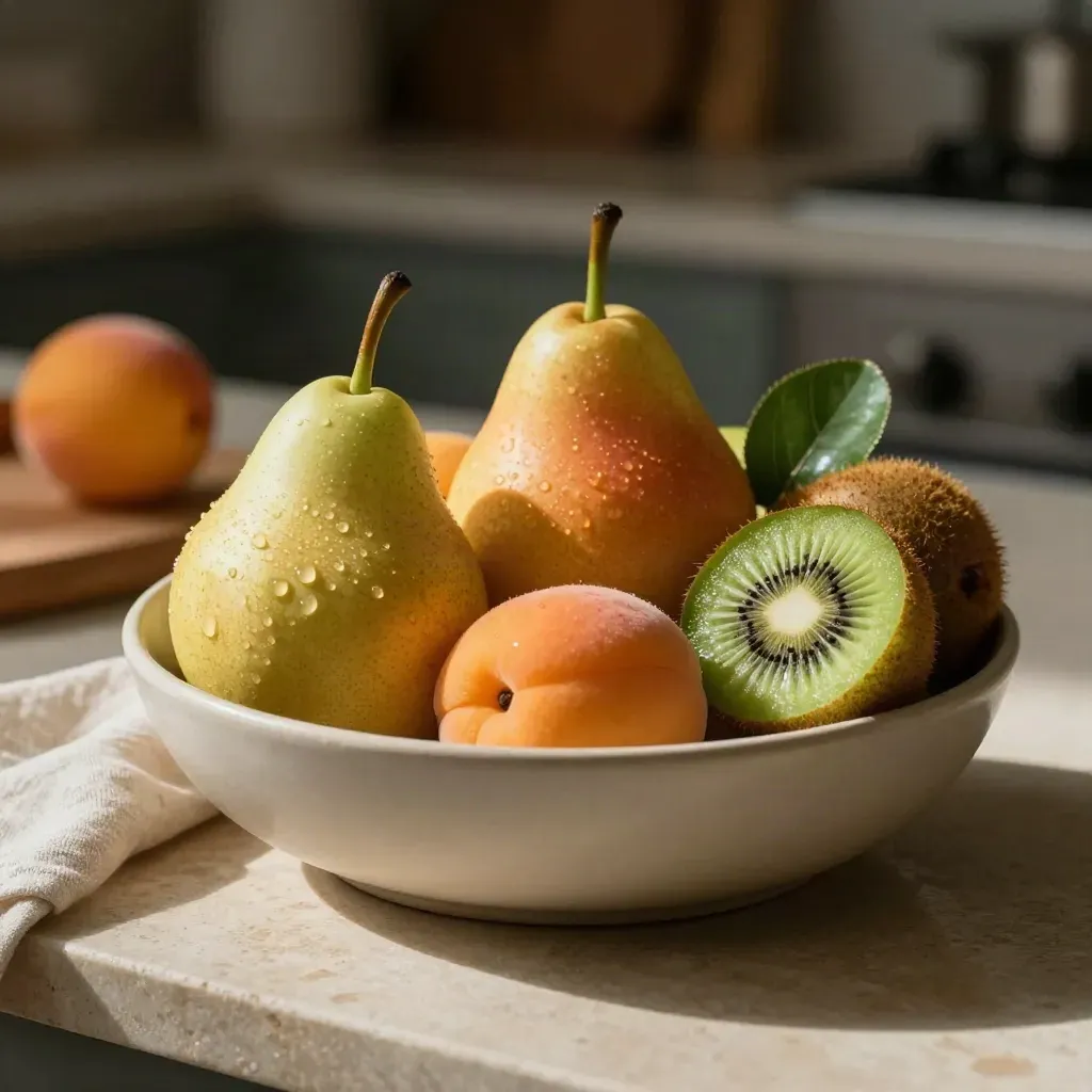 Frutta di stagione in ciotola bassa con pere, albicocche e kiwi bagnati da gocce.