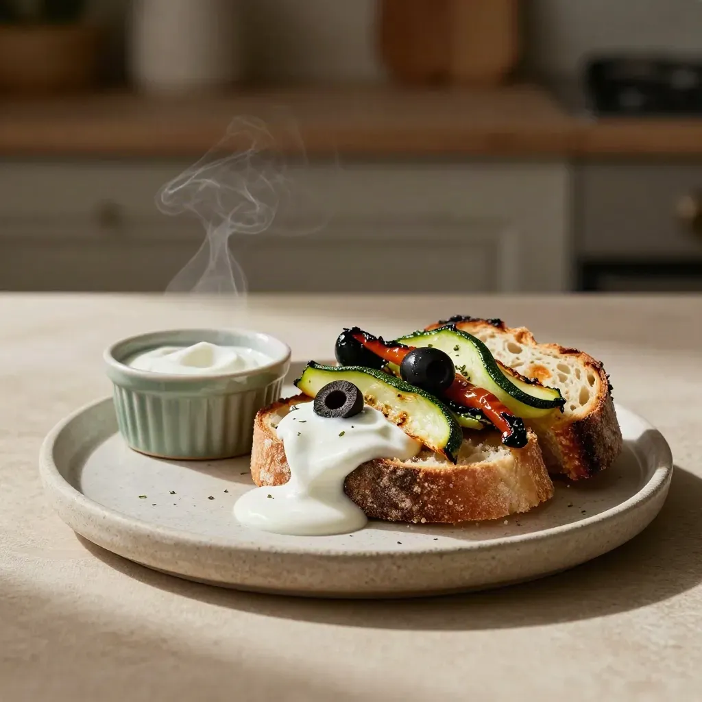 Pane con verdure e salsa di yogurt su piatto chiaro, con olive e vapore leggero