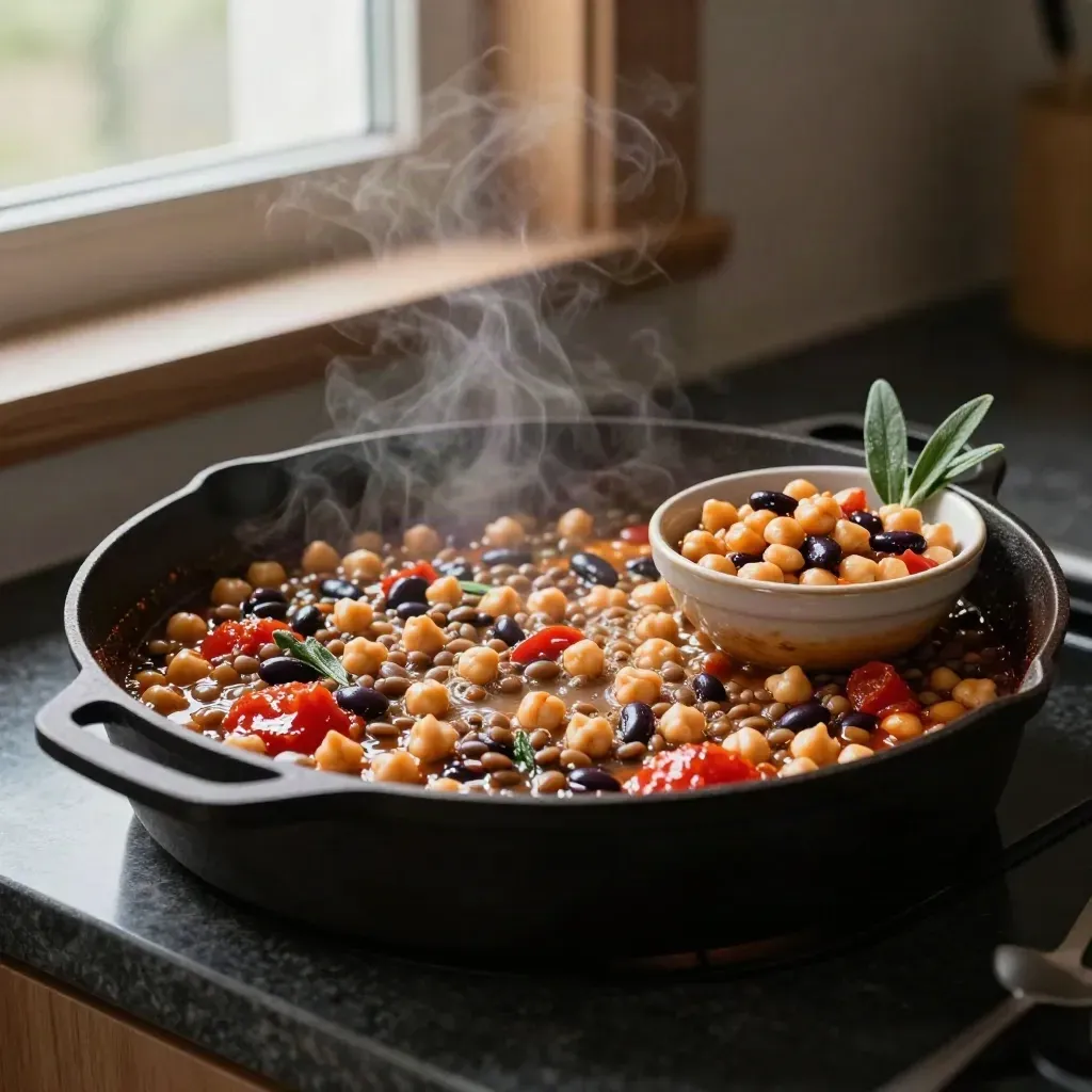 Pentola bassa di legumi in salsa di pomodoro e salvia con ciotolina di fagioli sul piano cucina.