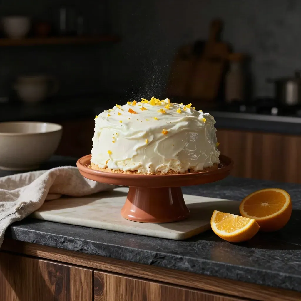 Torta allo yogurt e agrumi su alzata terracotta, luce drammatica in cucina.