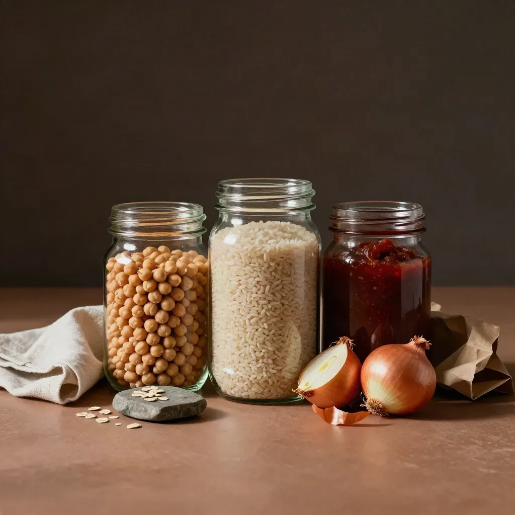 Barattoli di legumi, riso e passata con sacchetto di cipolle e canovaccio.