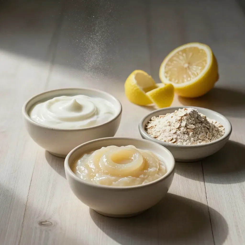 Yogurt, purea di mela, farina d’avena e limone su legno chiaro, luce morbida.