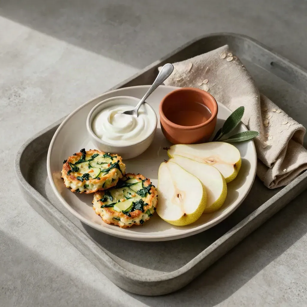 Piattino per bambini con frittatine di verdure, yogurt e pere su vassoio di pietra.