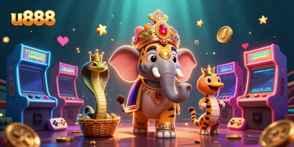 Experience the excitement of u888 with vibrant casino elements and dynamic characters in this 3D illustration.