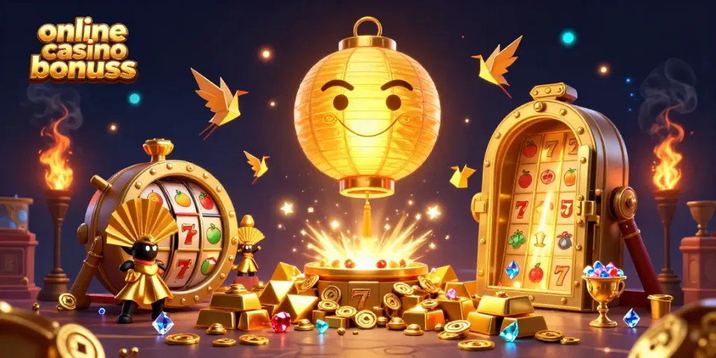 Explore online casino bonuses in this vibrant 3D illustration showcasing thrilling gaming elements.