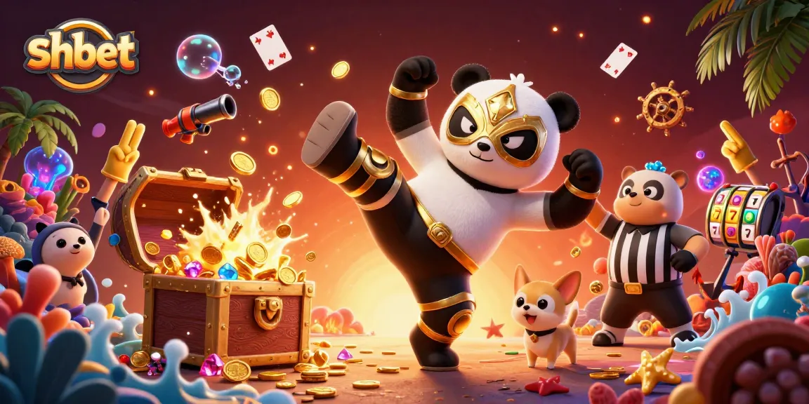 shbet showcases a vibrant 3D wrestling match with panda characters and animated treasure, engaging viewers.