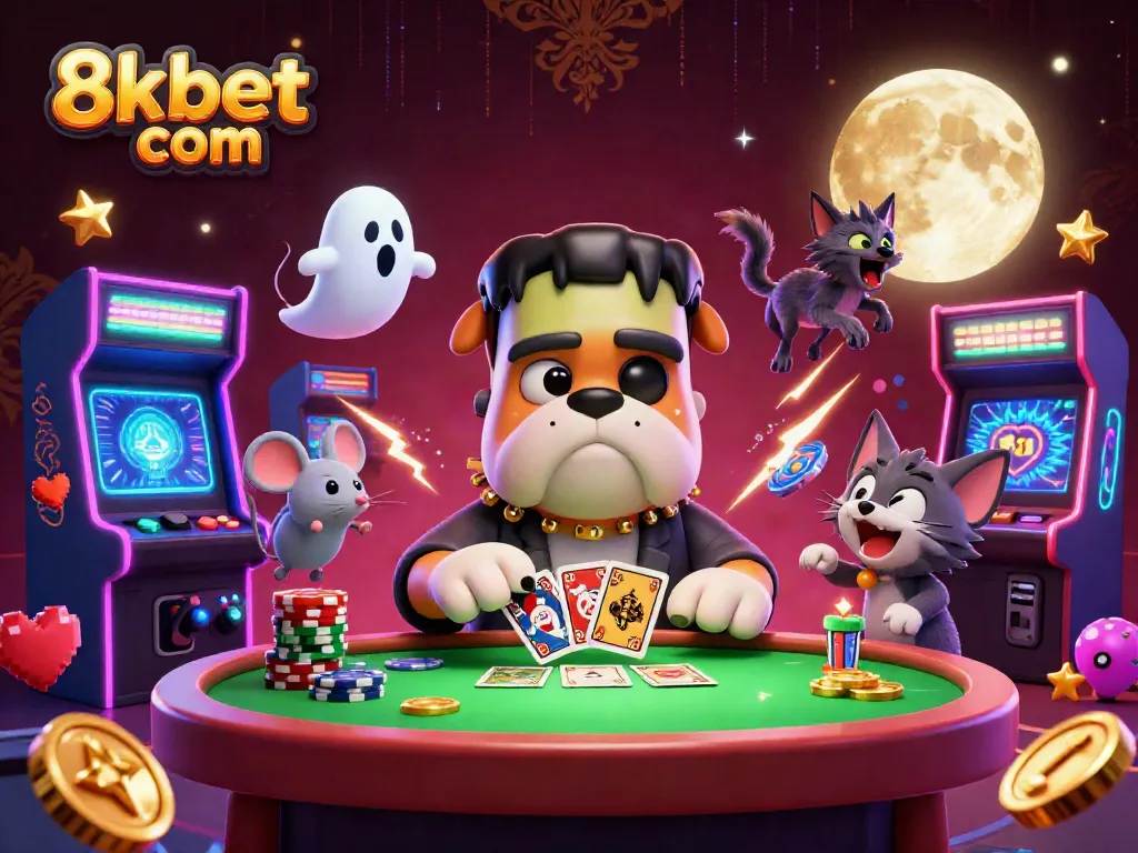 Experience thrilling moments with 8xbet com at a vibrant table featuring casino elements and dynamic characters.