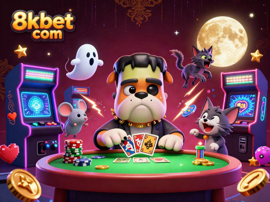 Experience thrilling moments with 8xbet com at a vibrant table featuring casino elements and dynamic characters.