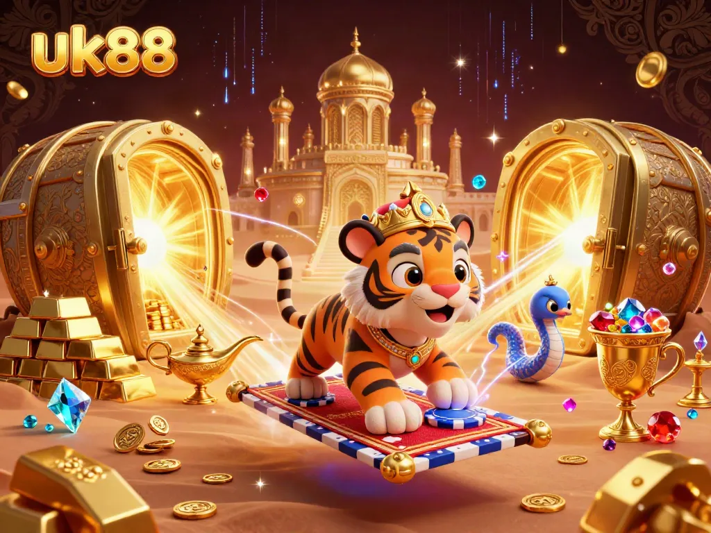 Engage in the enchanting world of uk88, featuring a tiger sultan on a poker chip carpet surrounded by riches.
