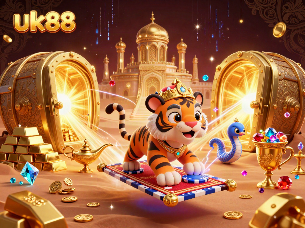 Engage in the enchanting world of uk88, featuring a tiger sultan on a poker chip carpet surrounded by riches.