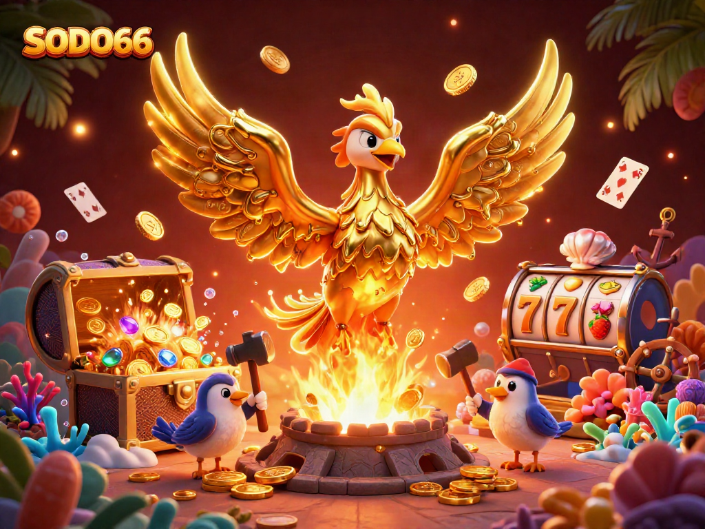 SODO66 showcases a vibrant casino scene with a golden phoenix and slot reels, capturing the thrill of gaming.