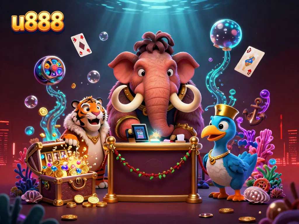 Discover the vibrant u888 casino scene with a woolly mammoth bouncer, saber-tooth VIP, and dazzling game elements.