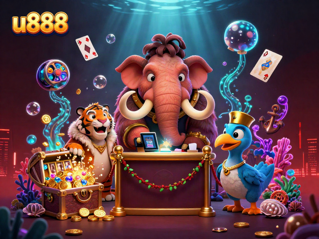 Discover the vibrant u888 casino scene with a woolly mammoth bouncer, saber-tooth VIP, and dazzling game elements.