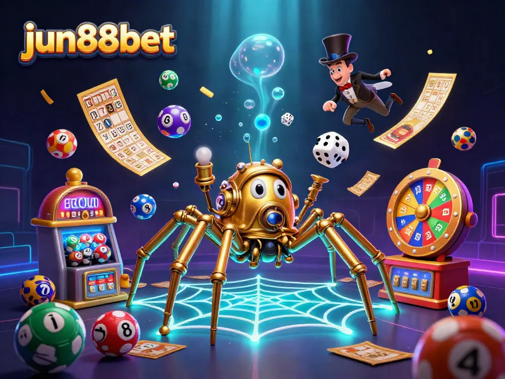Experience the excitement of jun88bet with a steampunk spider game scene featuring vibrant lottery elements.