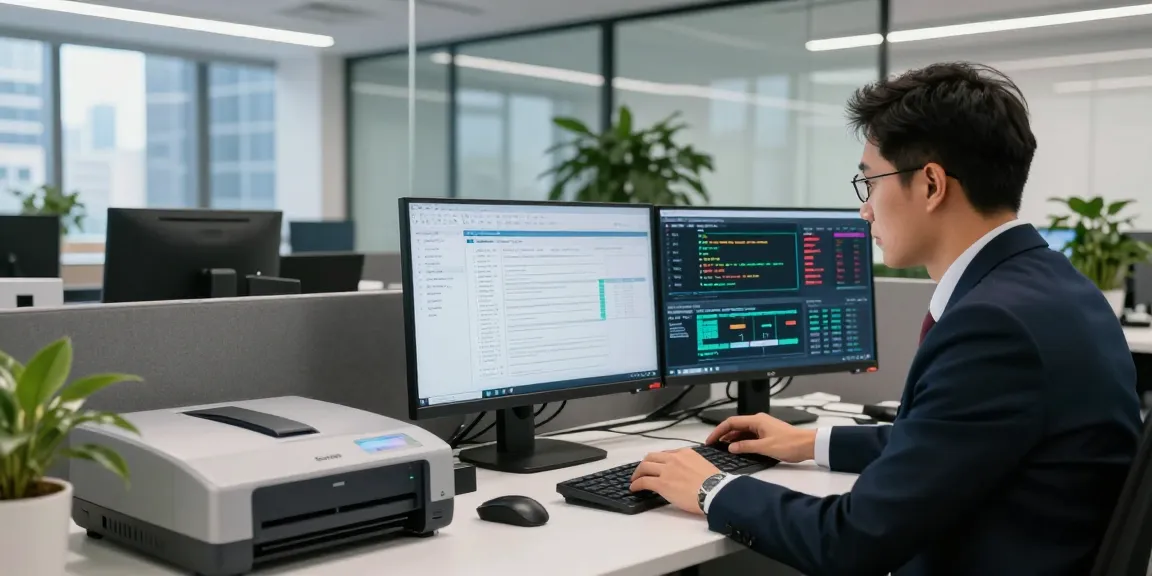 Advanced document fraud detection technology workspace with an analyst reviewing digital documents and data analytics.