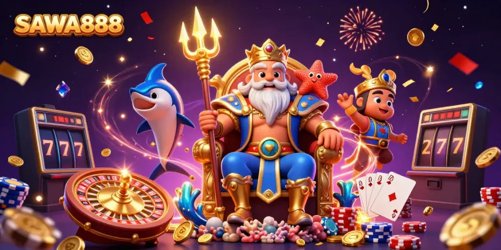 Experience the excitement of SAWA888 with Neptune and vibrant casino elements in dynamic illustration.