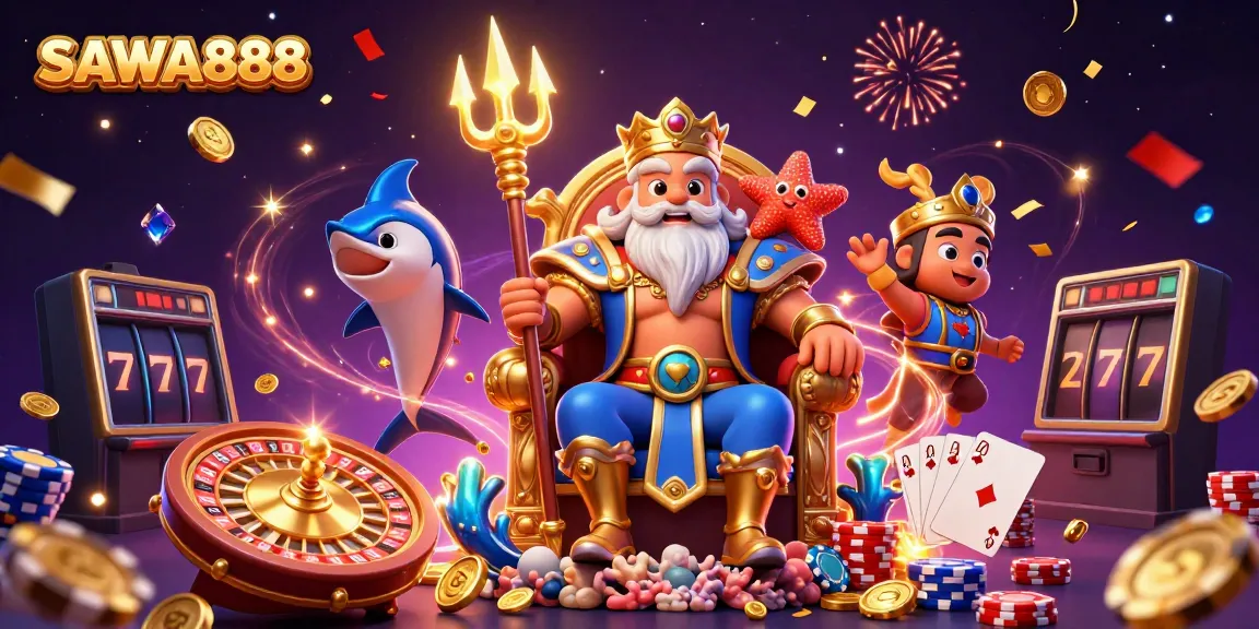 Experience the excitement of SAWA888 with Neptune and vibrant casino elements in dynamic illustration.