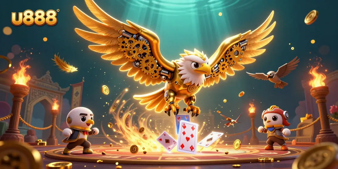 Engage in exhilarating gaming with u888 as a cybernetic eagle dives through dynamic casino elements.