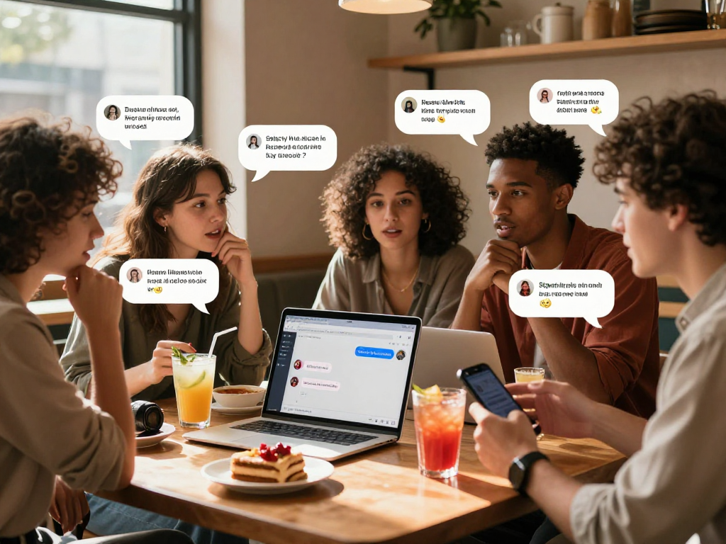 Group of friends engaging in a spicy chat AI discussion at a café, with laptops and smartphones highlighting lively interactions.